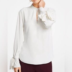 Ann Taylor White Blouse High Neck Bow Detail on Sleeve Cuff Size SP Small Petite